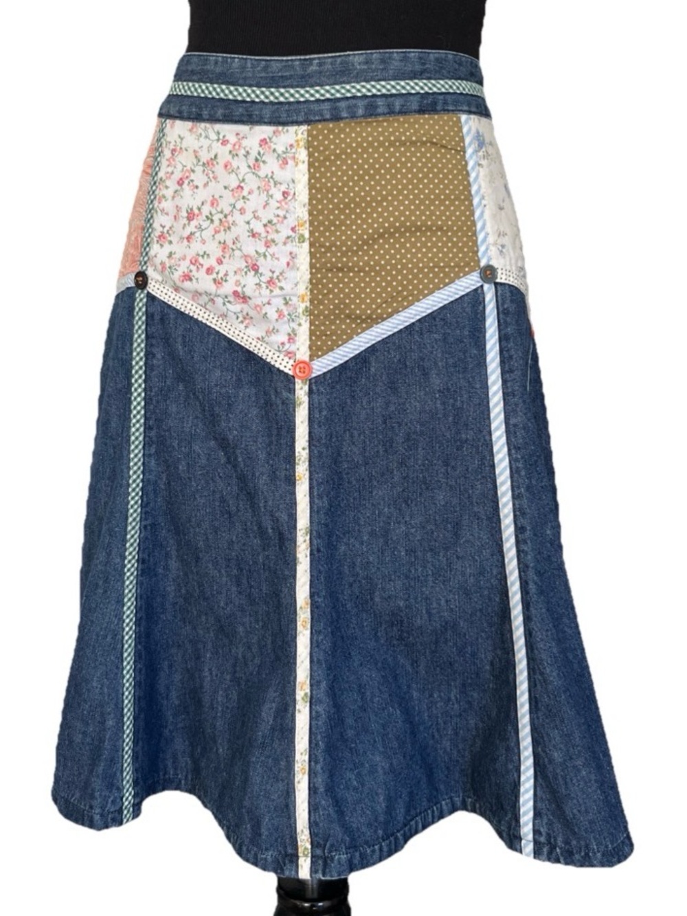 Vintage Anthropologie Bica Cheia Patchwork Denim A-Line Skirt Boho Cottagecore